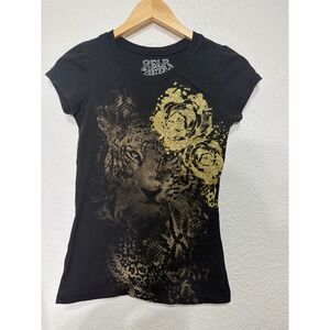 Self Esteem Womens Black Leopard Glitter Rose Graphic Tee Shirt Small Cotton
